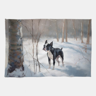 Boston Terrier Let It Snow Christmas Tea Towel