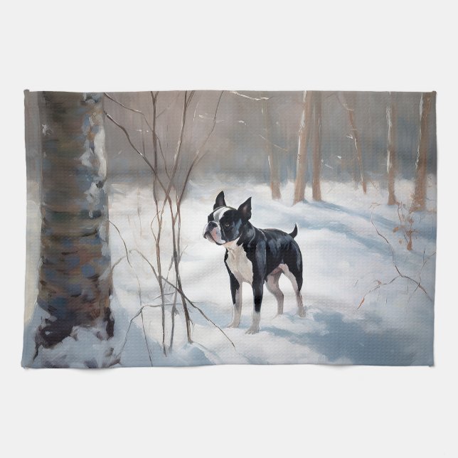 Boston Terrier Let It Snow Christmas Tea Towel (Horizontal)