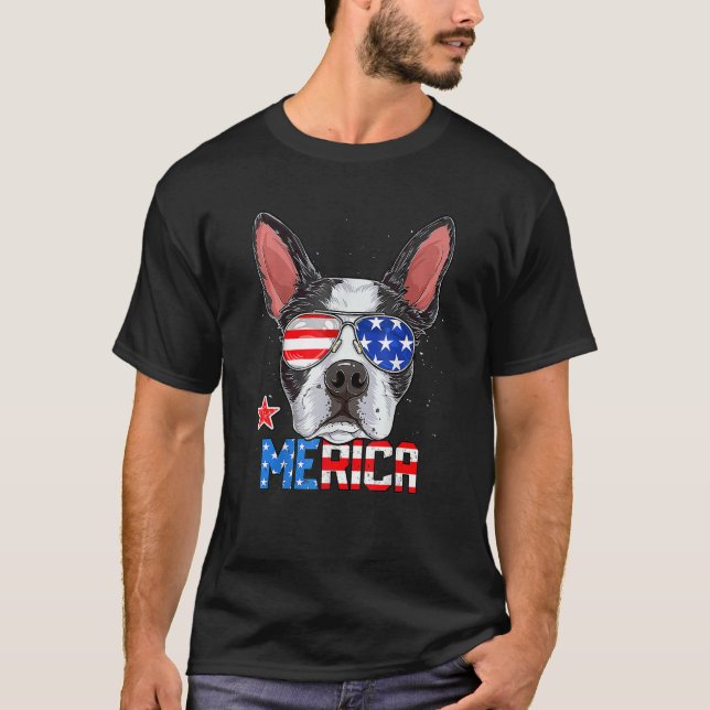 Boston Terrier Merica 4th Of July Men Boys Dog Pup T-Shirt (Front)