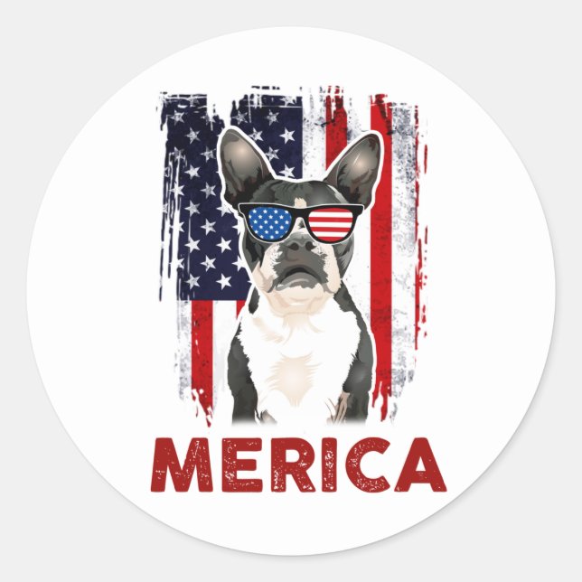 Boston Terrier Merica Patriotic American Flag 4th  Classic Round Sticker (Front)