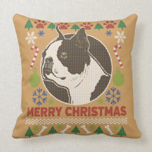 Boston Terrier Merry Christmas Ugly Sweater Cushion