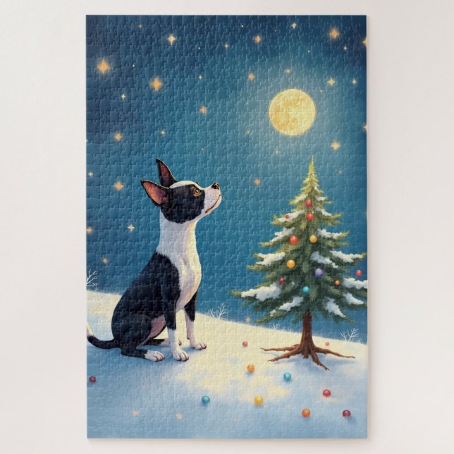 Boston Terrier Midnight Star-Gazing Christmas Jigsaw Puzzle (Vertical)
