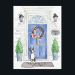 Boston Terrier Moving Announcement Postcard<br><div class="desc">Announce your new address with our stylish announcement featuring a Boston Terrier,  blue front door,  welcome mat,  slate sign,  topiaries and a floral wreath set on a grey brick background.</div>
