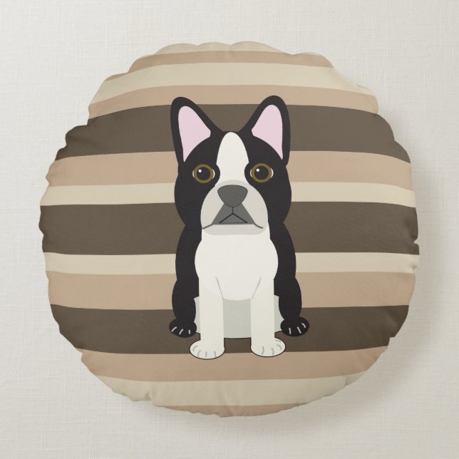 Boston Terrier Neutral striped  Round Cushion (Front)