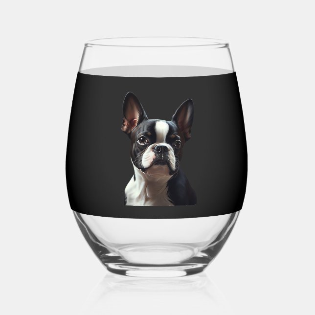 Boston Terrier - Oil Paint Classic T-Shirt Stemless Wine Glass (Front)