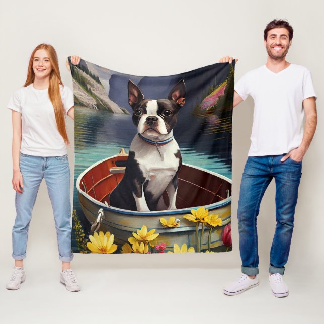 Boston Terrier on a Paddle: A Scenic Adventure Fleece Blanket (In Situ)