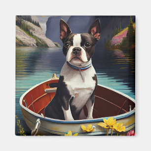 Boston Terrier on a Paddle: A Scenic Adventure Magnet