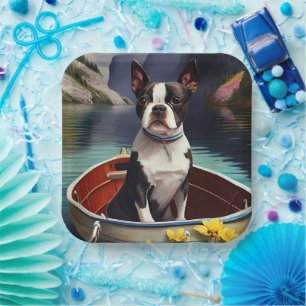 Boston Terrier on a Paddle: A Scenic Adventure Paper Plate