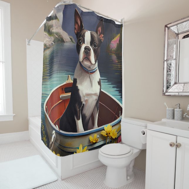 Boston Terrier on a Paddle: A Scenic Adventure Shower Curtain (In Situ)