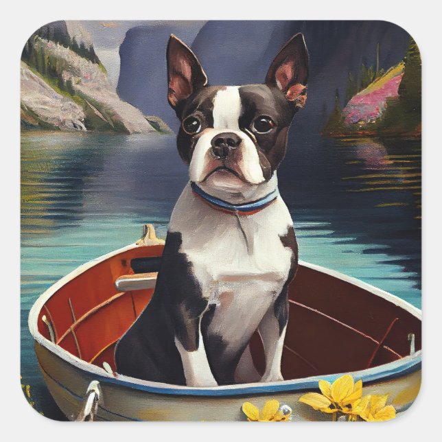 Boston Terrier on a Paddle: A Scenic Adventure Square Sticker (Front)