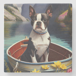 Boston Terrier on a Paddle: A Scenic Adventure Stone Coaster