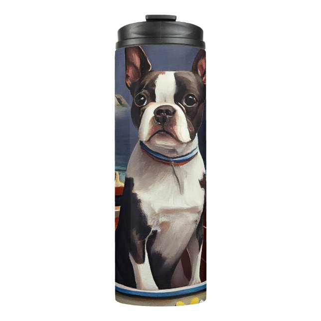 Boston Terrier on a Paddle: A Scenic Adventure Thermal Tumbler (Front)