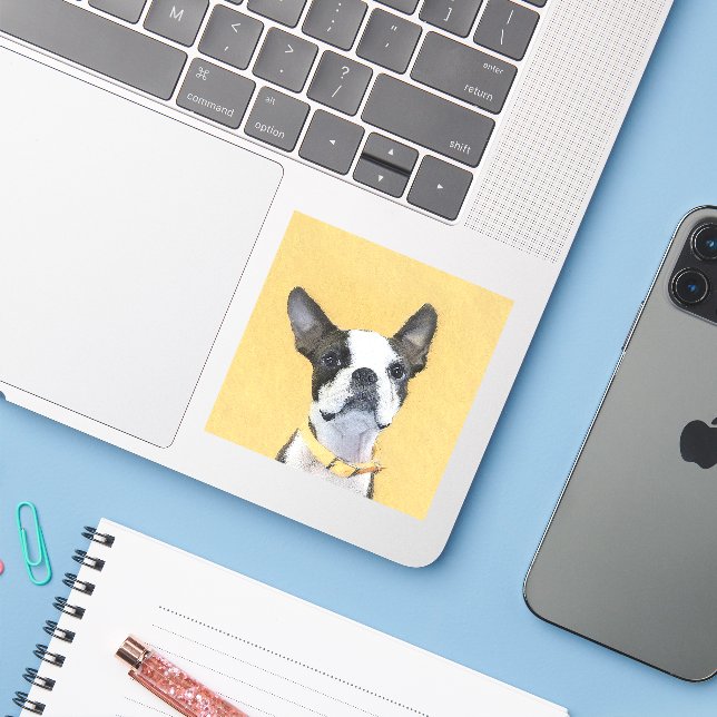 Boston Terrier Painting - Cute Original Dog Art (Laptop w/ iPhone)