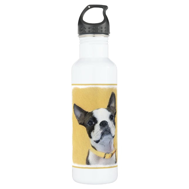 Boston Terrier Painting - Cute Original Dog Art 710 Ml Water Bottle (Front)