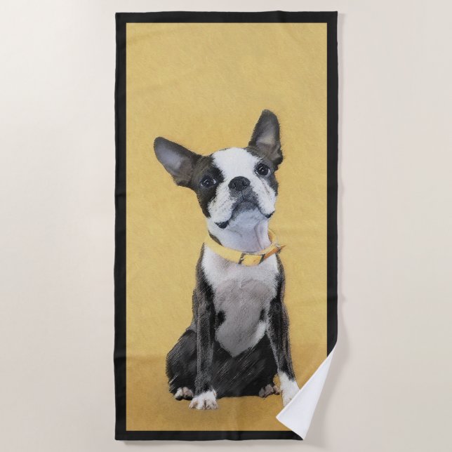 Boston Terrier Painting - Cute Original Dog Art Beach Towel (Front)