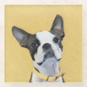 Boston Terrier Painting - Cute Original Dog Art Glass Coaster