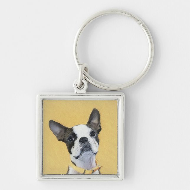 Boston Terrier Painting - Cute Original Dog Art Key Ring (Front)