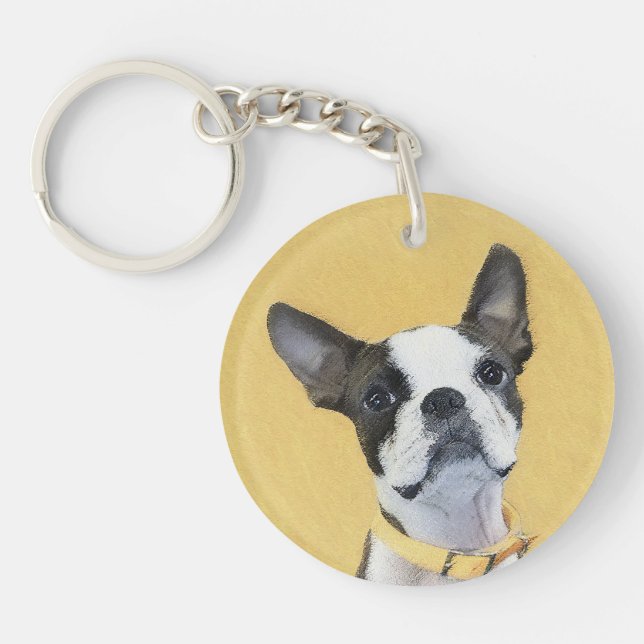 Boston Terrier Painting - Cute Original Dog Art Key Ring (Front)