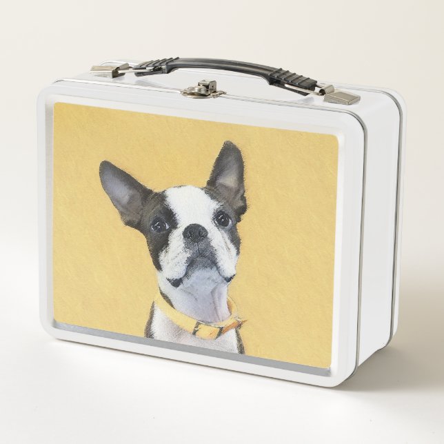 Boston Terrier Painting - Cute Original Dog Art Metal Lunch Box (Front)
