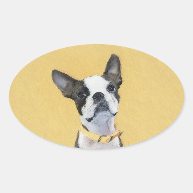 Boston Terrier Painting - Cute Original Dog Art Oval Sticker (Front)
