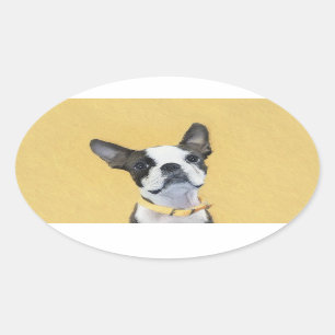 Boston Terrier Painting - Cute Original Dog Art Oval Sticker