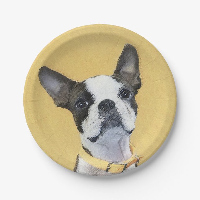 Boston Terrier Painting - Cute Original Dog Art Paper Plate (Front)