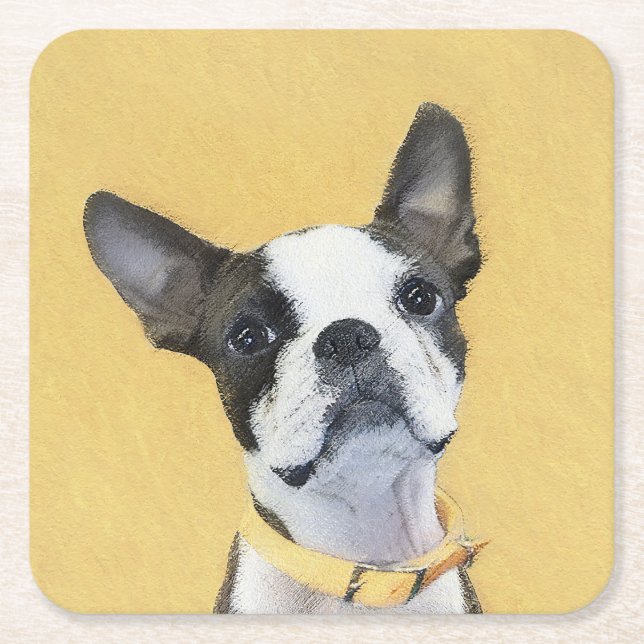 Boston Terrier Painting - Cute Original Dog Art Square Paper Coaster (Front)