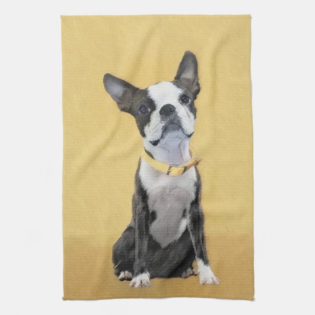 Boston Terrier Painting - Cute Original Dog Art Tea Towel (Vertical)
