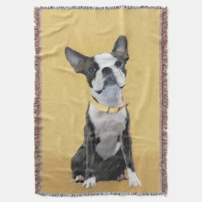 Boston Terrier Painting - Cute Original Dog Art Throw Blanket (Front Vertical)