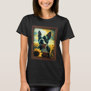 Boston Terrier Painting Sunflower Flower Mum Women T-Shirt