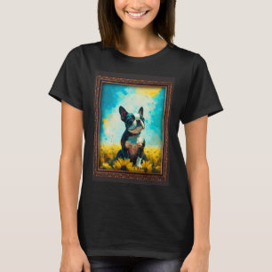 Boston Terrier Painting Sunflower Flower Mum Women T-Shirt