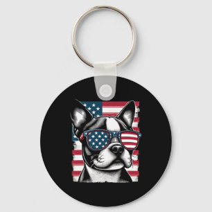 Boston Terrier Patriotic Sunglasess American Flag Key Ring