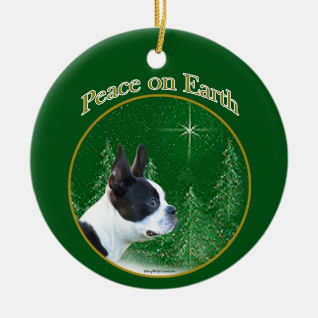Boston Terrier Peace Ceramic Tree Decoration (Front)