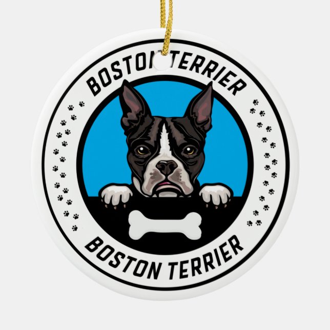 Boston Terrier Peeking Illustration Badge Ceramic Tree Decoration (Front)