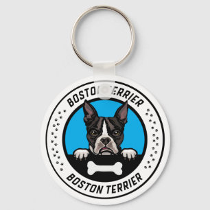 Boston Terrier Peeking Illustration Badge Key Ring