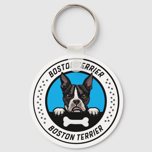 Boston Terrier Peeking Illustration Badge Key Ring (Front)