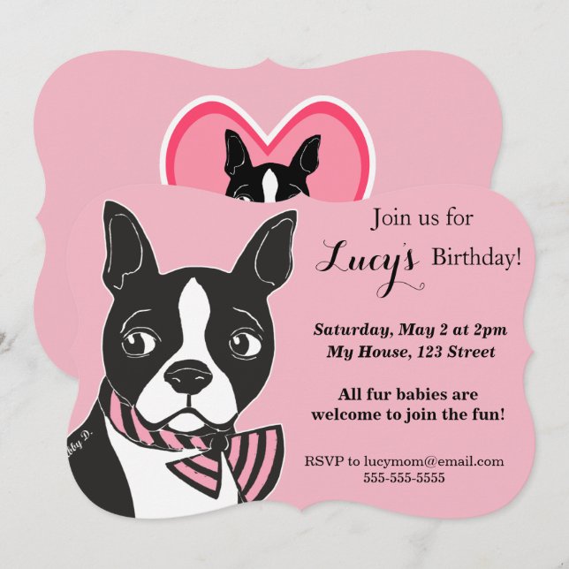 Boston Terrier Pink Birthday Custom Invitation (Front/Back)