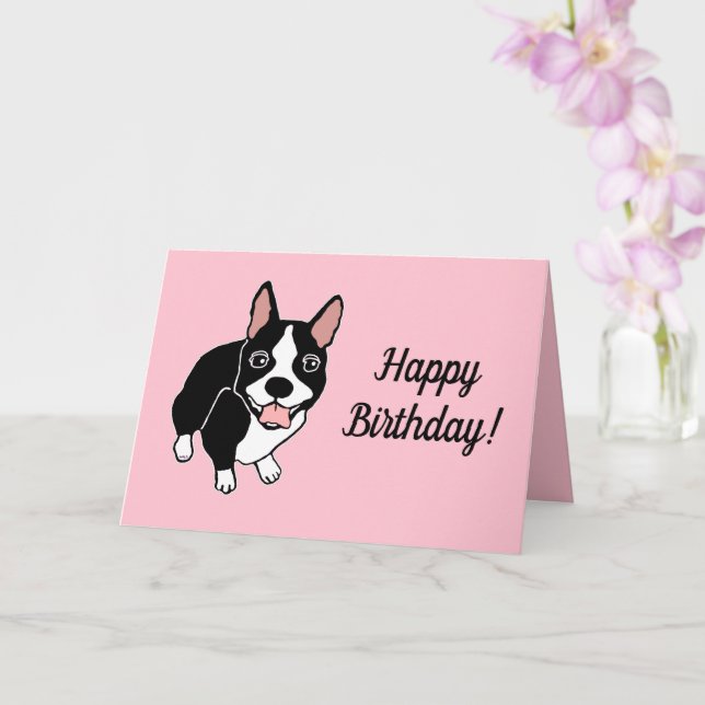 Boston Terrier Pink Happy Birthday Card (Orchid)