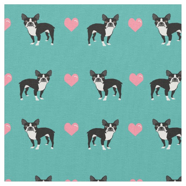 Boston Terrier pink love hearts Fabric (Close Up)