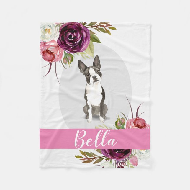 Boston Terrier pink watercolor flowers Fleece Blanket (Front)