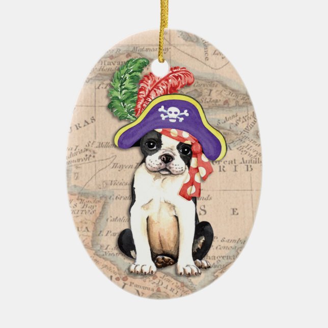 Boston Terrier Pirate Ceramic Tree Decoration (Front)