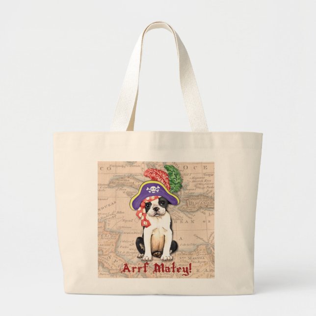 Boston Terrier Pirate Large Tote Bag (Front)