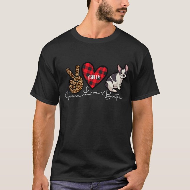 Boston Terrier Plaid Peace Love Cute Dog T-Shirt (Front)