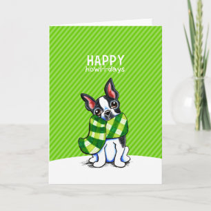 Boston Terrier Plaid Scarf Christmas Holiday Card