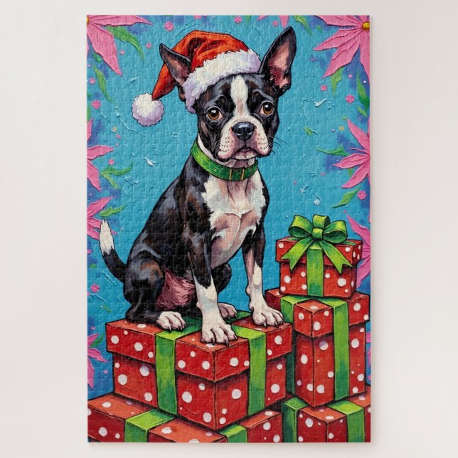 Boston Terrier Pop Art Christmas Packages Hat Jigsaw Puzzle (Vertical)
