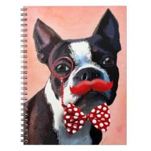 Boston Terrier Portrait with Red Bow Tie and 2 Notebook