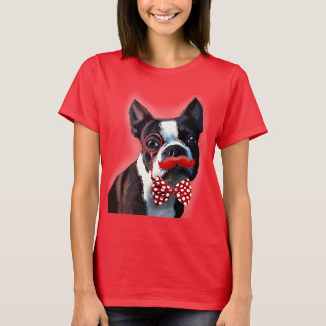 Boston Terrier Portrait with Red Bow Tie and 2 T-Shirt (Front)