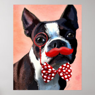 Boston Terrier Portrait with Red Bow Tie Poster