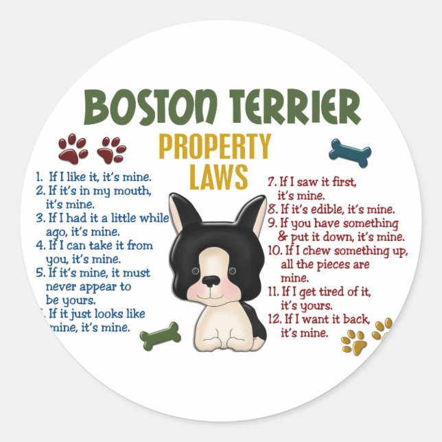 Boston Terrier Property Laws 4 Classic Round Sticker (Front)