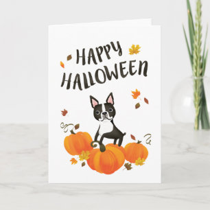 Boston Terrier Pumpkin Fall Leaves Halloween Card